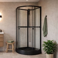 AI genererad bild av ett stilrent badrum med ljusa kaklade väggar och en halvrund duschkabin Aurora med svart ram och glasdörrar. Bredvid duschen står en träpall med vikta handdukar, en grön handduk hänger på väggen och en grön växt står i en kruka på golvet.