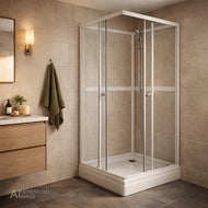 AI genererad bild av ett badrum med beige kakelväggar och en vit hörndusch Jasmine med glasväggar och kromad dusch. Till vänster syns en vägghängd träkommod, spegel med vägglampa och en grön handduk på krok.