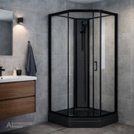 AI genererad bild av ett modernt badrum med grå kakelväggar och en svart hörndusch Elsa med glasväggar och svart duschpanel. Till vänster syns en mörk träkommod med handfat, spegel och en grå handduk på väggen.