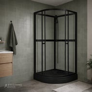 AI genererad bild av ett modernt badrum med gröna kakelväggar och en hörnplacerad duschkabin Aurora med svart ram och glasdörrar. Till vänster syns en vägghängd kommod i trä och en grön handduk hänger på väggen.