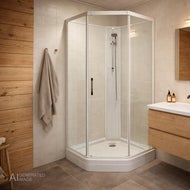 AI genererad bild av ett badrum med beige kakelväggar och en vit hörndusch Elsa med glasväggar och kromad dusch. Till vänster syns en träpanelvägg med upphängd handduk, och till höger en vägghängd träkommod med handfat och spegel.