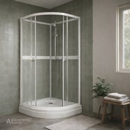 AI genererad bild av ett ljust badrum med gröna kakelväggar och en vit hörndusch med glasdörrar och kromad dusch. Bredvid står en liten träbänk med vikta handdukar och en grön växt nära ett fönster.