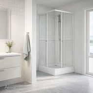 AI genererad bild av ett ljust, helvitt badrum med vita kakelväggar och en vit hörndusch Jasmine med glasdörrar och kromad dusch. Till vänster syns en vit vägghängd kommod och en ljus handduk, och till höger finns ett stort fönster som släpper in dagsljus.